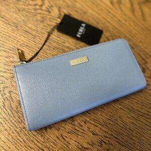 NWT！NEW！Furla L-Zip Long Wallet -Women Soffiano Leather -Blue Tempesta/Authentic